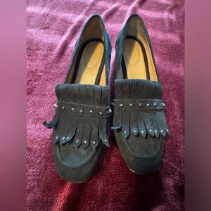 Franco Sarto Black Suede Tassels Studs Block Mid Heel Slip-On Pump Shoes